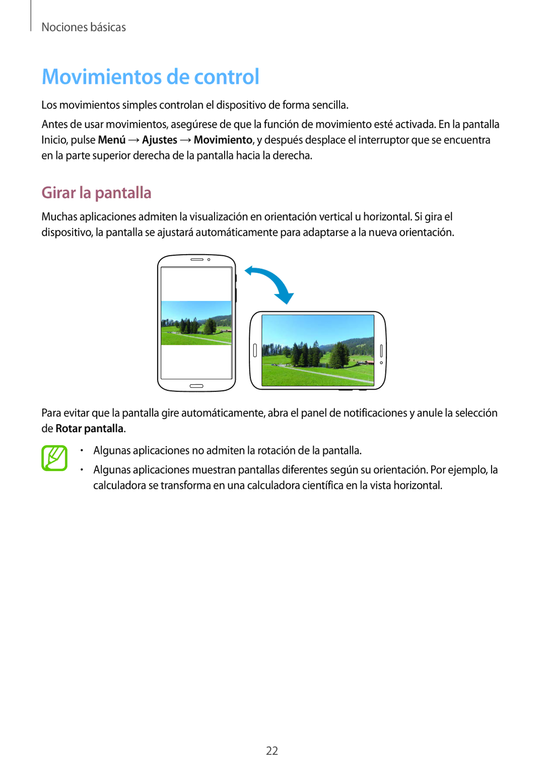 Samsung SM-T3150ZWAATL manual Movimientos de control, Girar la pantalla 