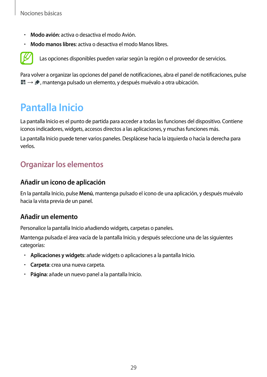 Samsung SM-T3150ZWAATL manual Pantalla Inicio, Organizar los elementos, Añadir un icono de aplicación, Añadir un elemento 