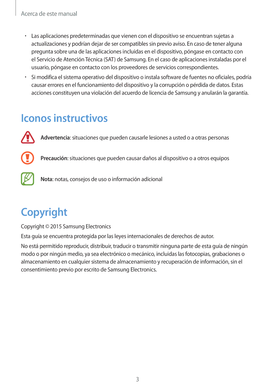 Samsung SM-T3150ZWAATL manual Iconos instructivos, Copyright 