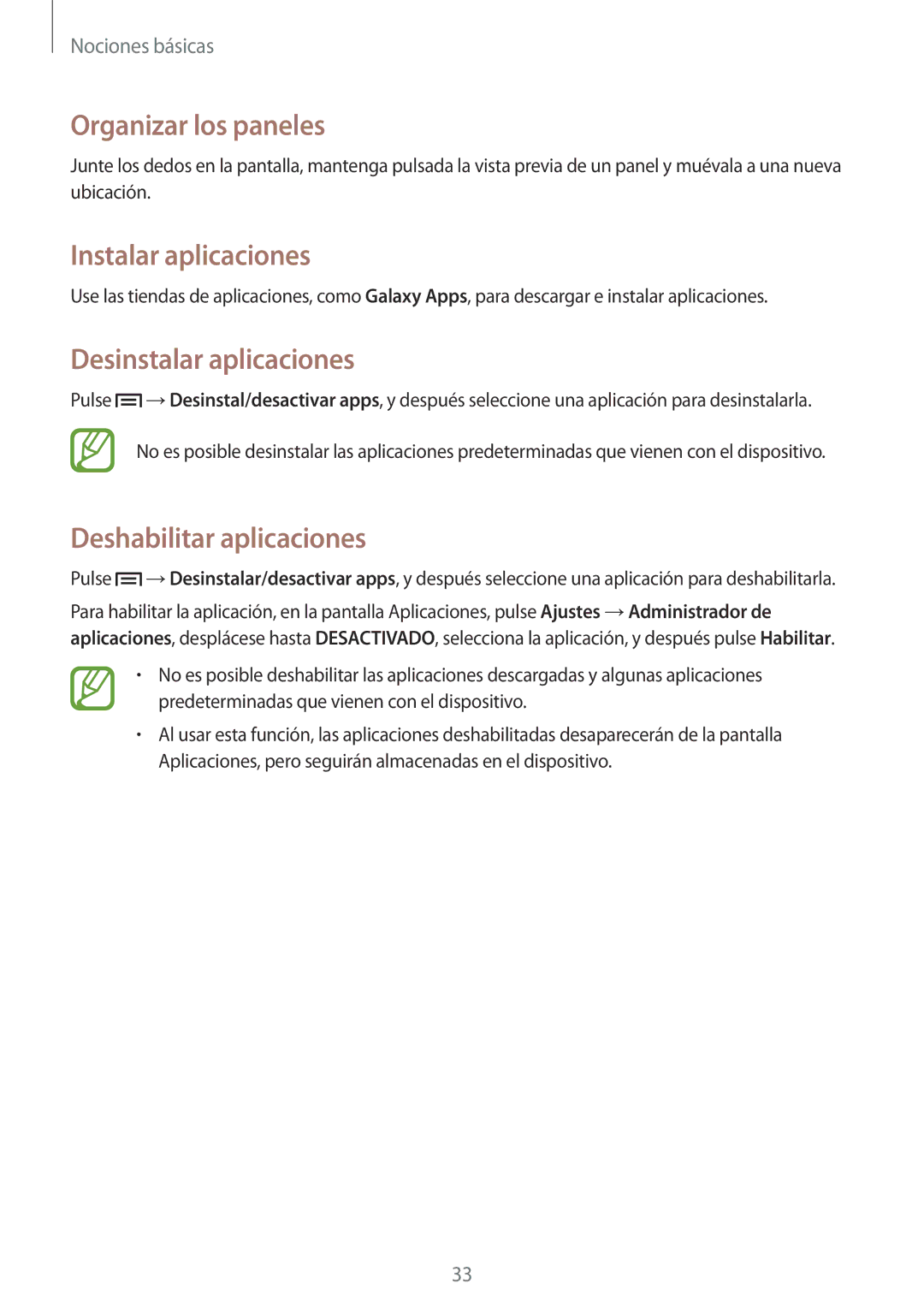 Samsung SM-T3150ZWAATL manual Instalar aplicaciones, Desinstalar aplicaciones, Deshabilitar aplicaciones 