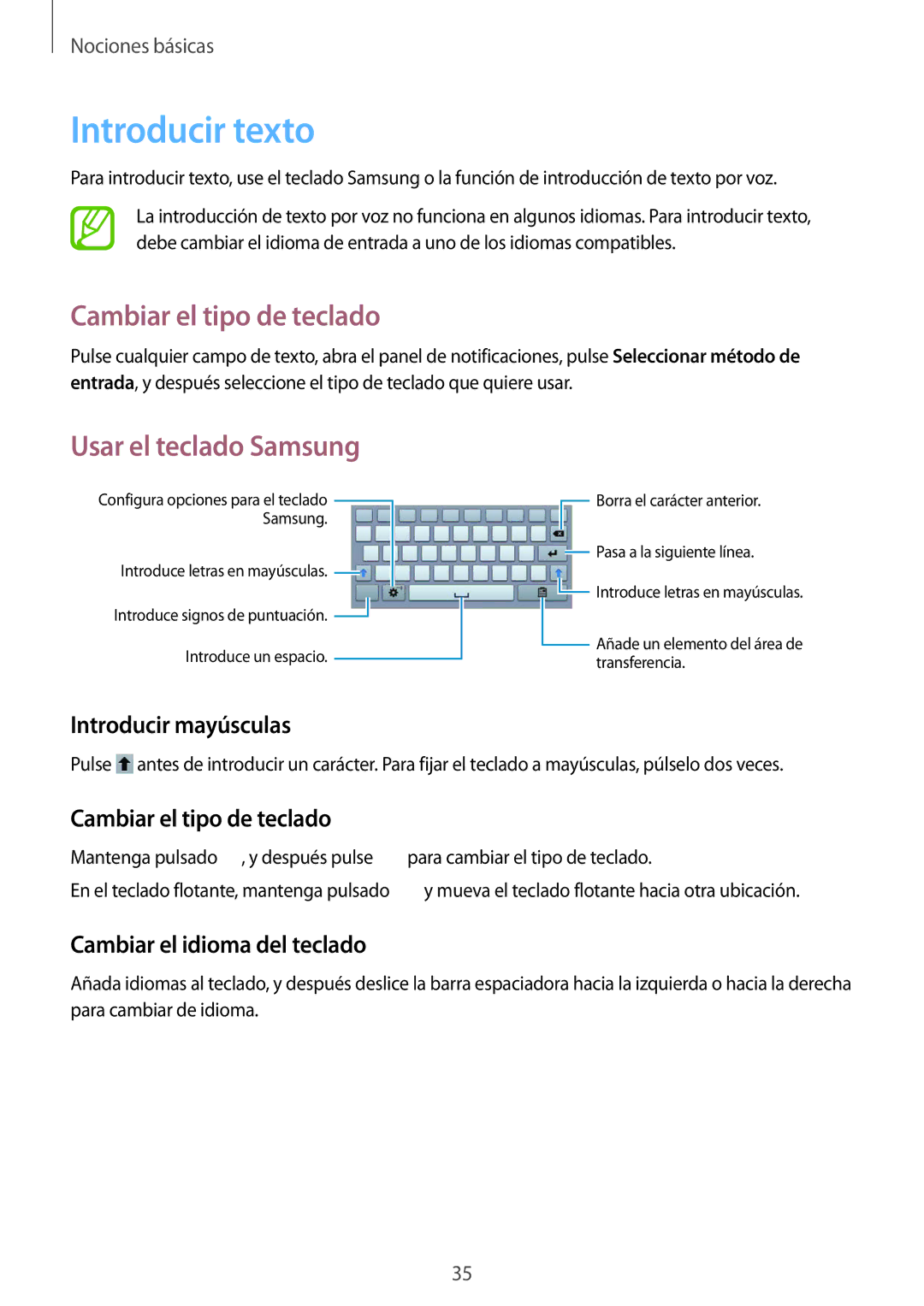 Samsung SM-T3150ZWAATL manual Introducir texto, Cambiar el tipo de teclado, Usar el teclado Samsung 