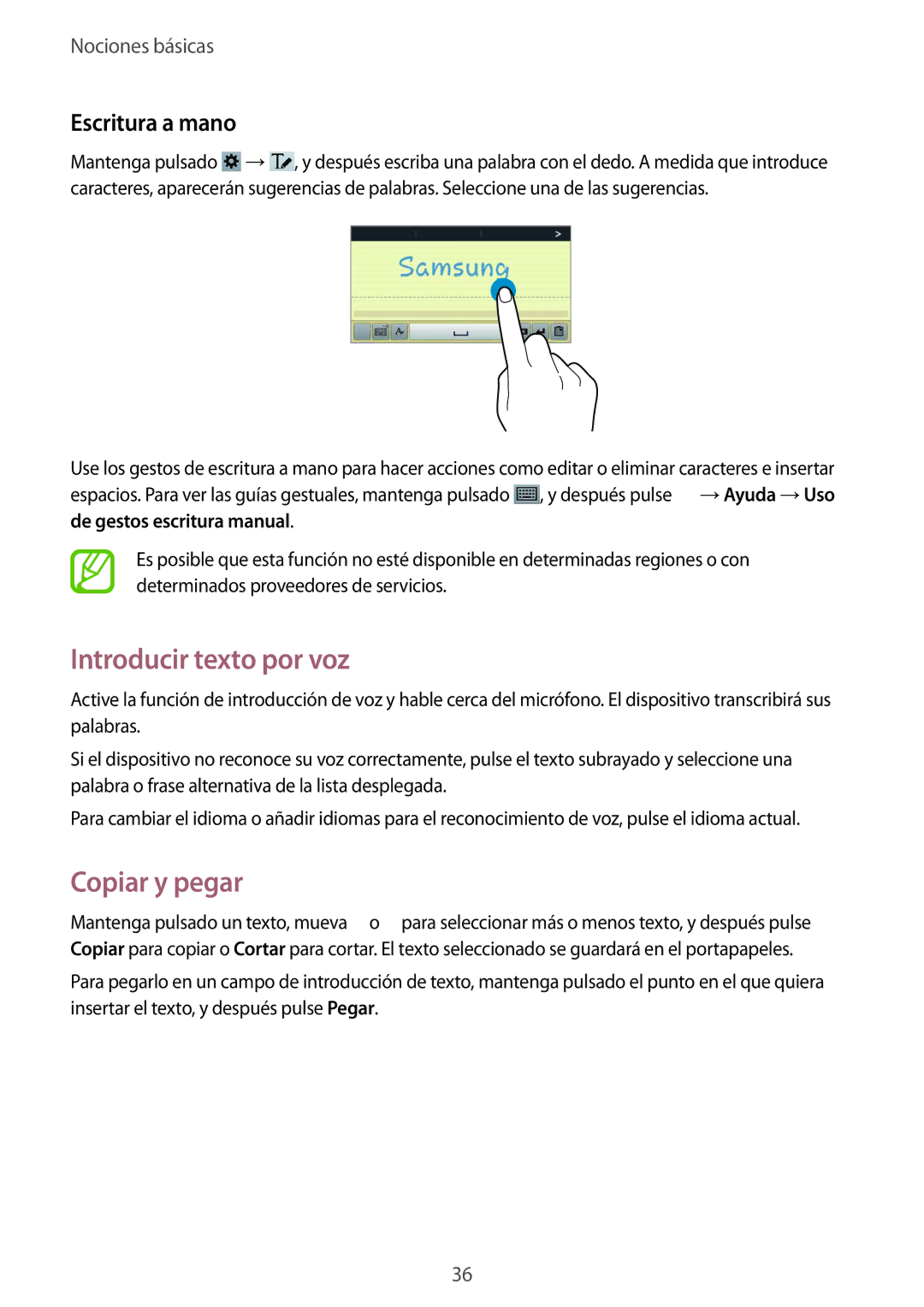 Samsung SM-T3150ZWAATL manual Introducir texto por voz, Copiar y pegar, Escritura a mano 