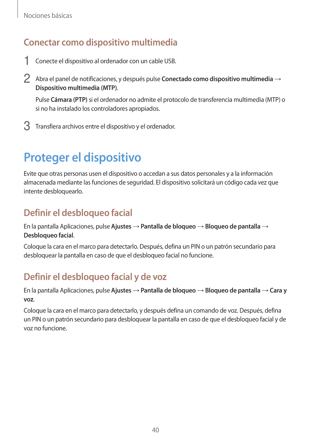 Samsung SM-T3150ZWAATL manual Proteger el dispositivo, Conectar como dispositivo multimedia, Definir el desbloqueo facial 