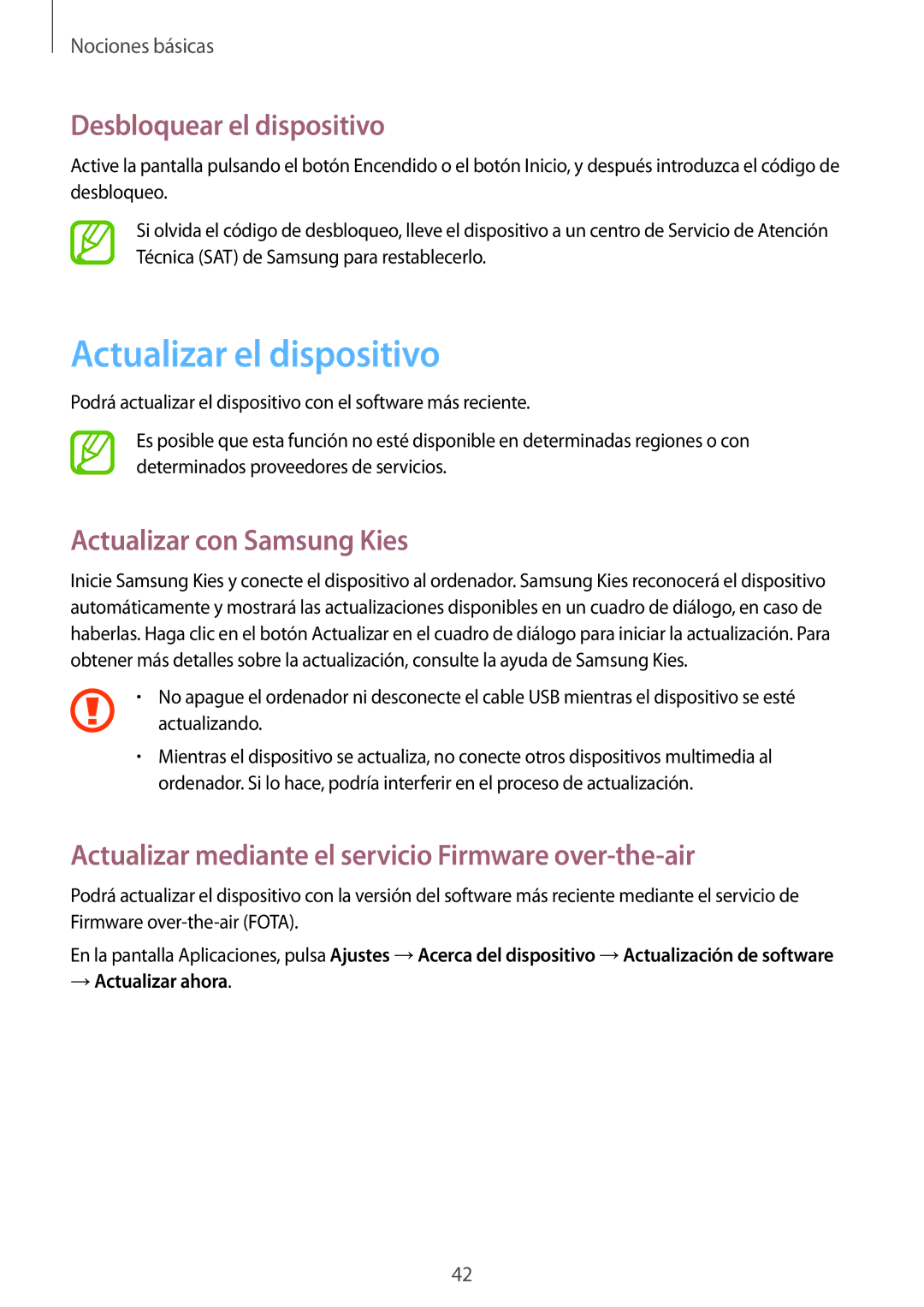 Samsung SM-T3150ZWAATL manual Actualizar el dispositivo, Desbloquear el dispositivo, Actualizar con Samsung Kies 