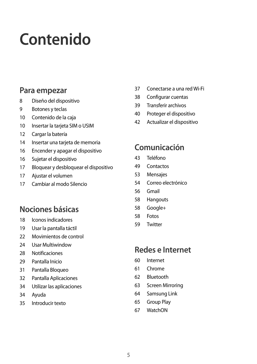 Samsung SM-T3150ZWAATL manual Contenido, Para empezar 