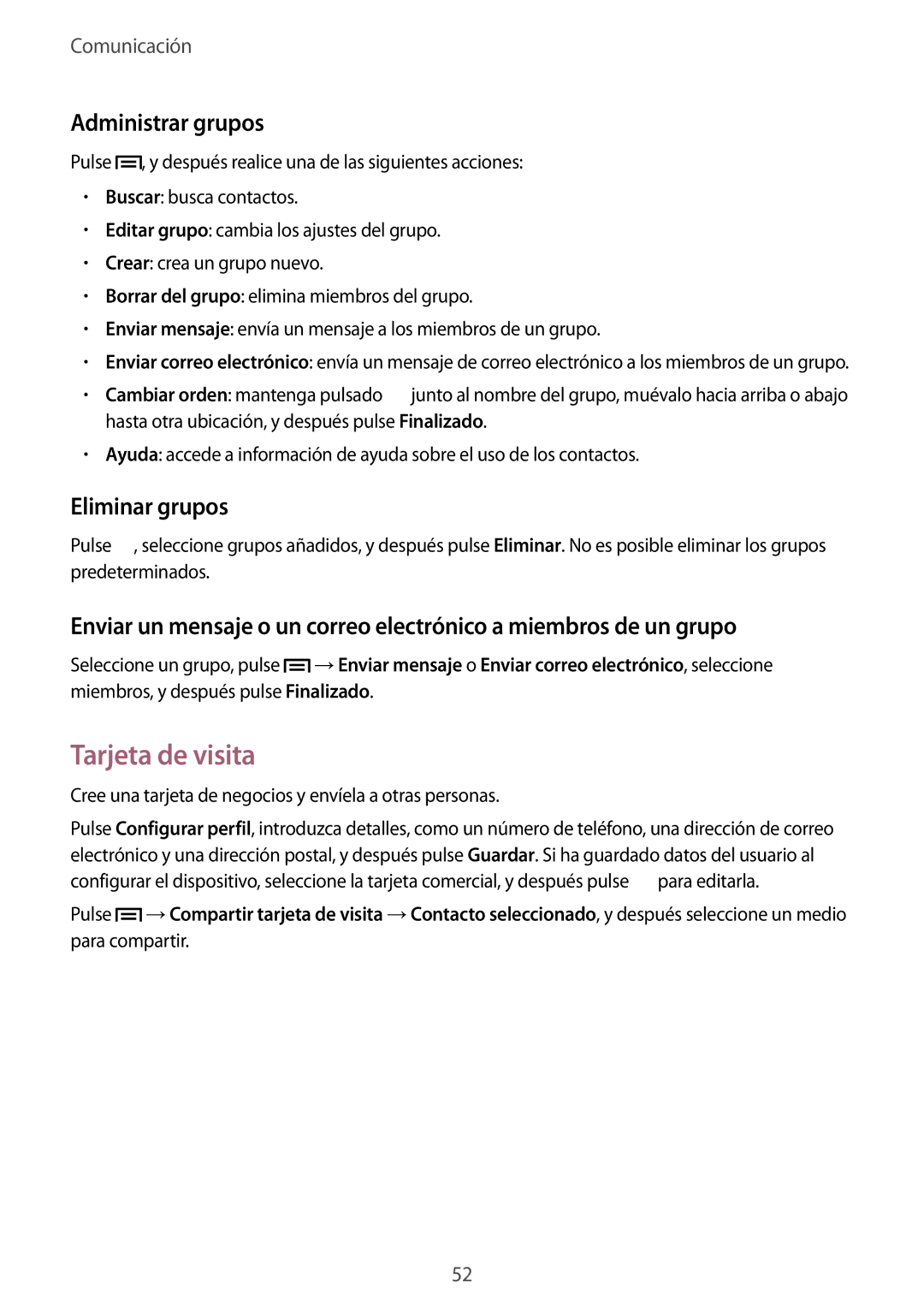 Samsung SM-T3150ZWAATL manual Tarjeta de visita, Administrar grupos, Eliminar grupos 