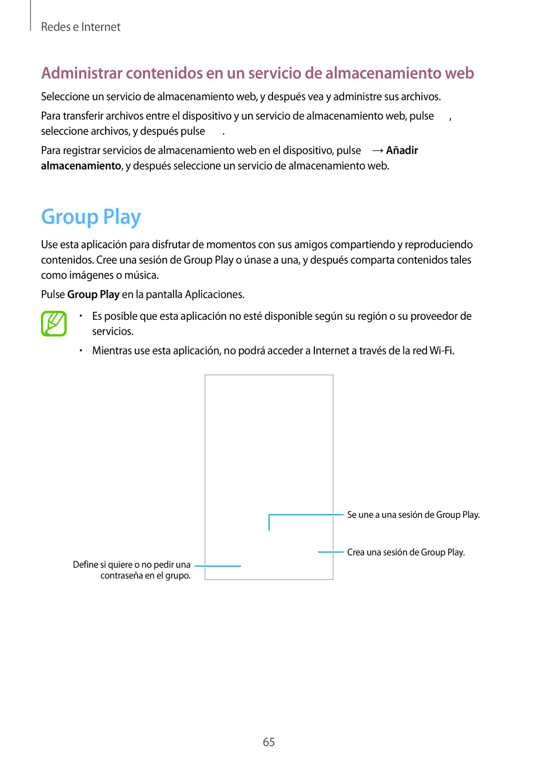 Samsung SM-T3150ZWAATL manual Group Play, Administrar contenidos en un servicio de almacenamiento web 