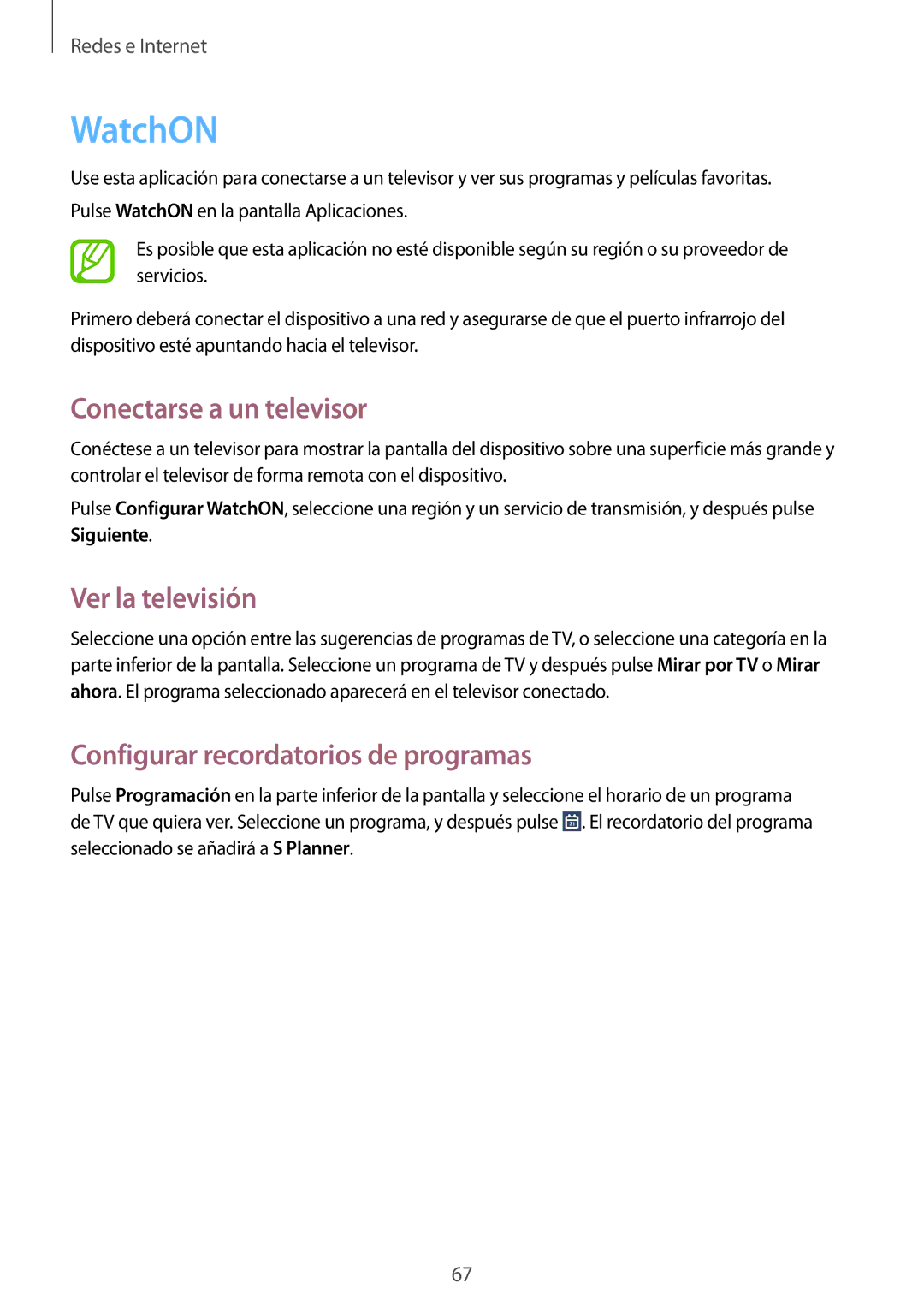 Samsung SM-T3150ZWAATL manual WatchON, Conectarse a un televisor, Ver la televisión, Configurar recordatorios de programas 