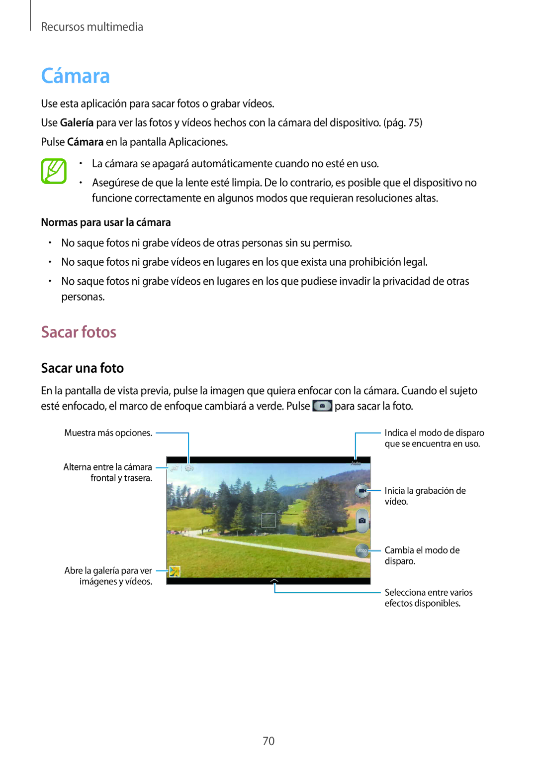 Samsung SM-T3150ZWAATL manual Cámara, Sacar fotos, Sacar una foto, Normas para usar la cámara 