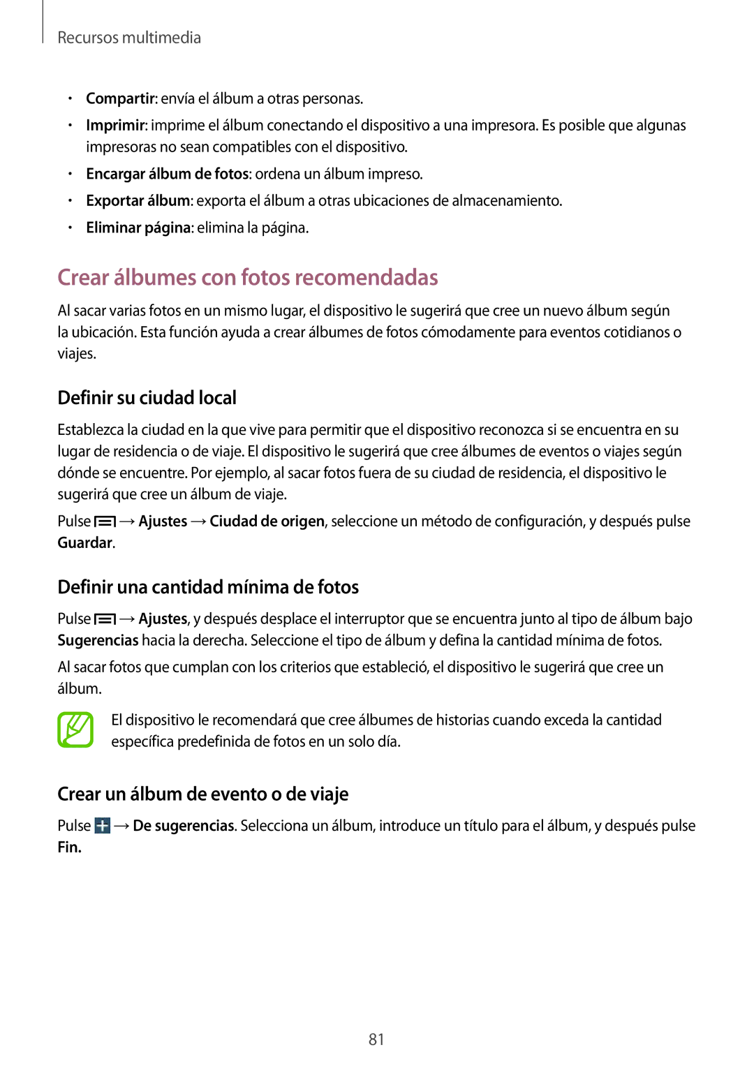 Samsung SM-T3150ZWAATL Crear álbumes con fotos recomendadas, Definir su ciudad local, Definir una cantidad mínima de fotos 