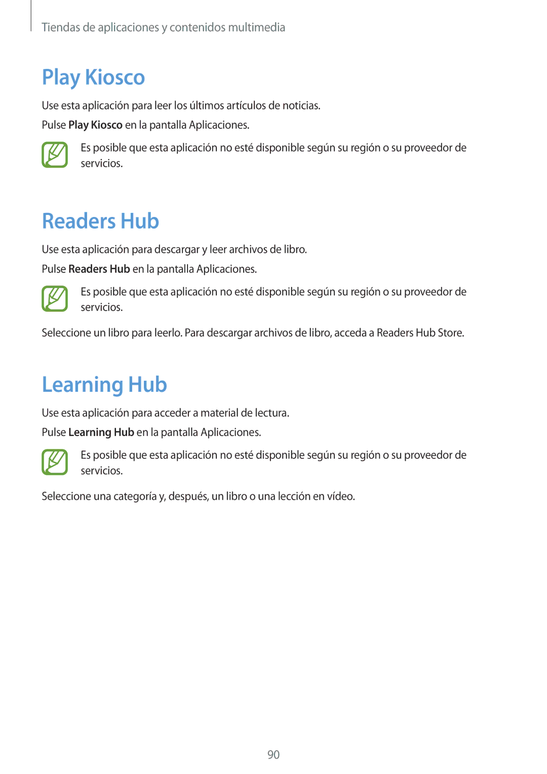 Samsung SM-T3150ZWAATL manual Play Kiosco, Readers Hub, Learning Hub 