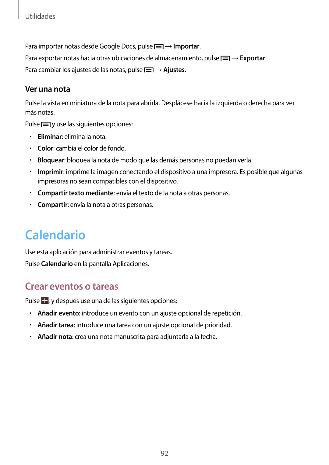 Samsung SM-T3150ZWAATL manual Calendario, Crear eventos o tareas, Ver una nota 