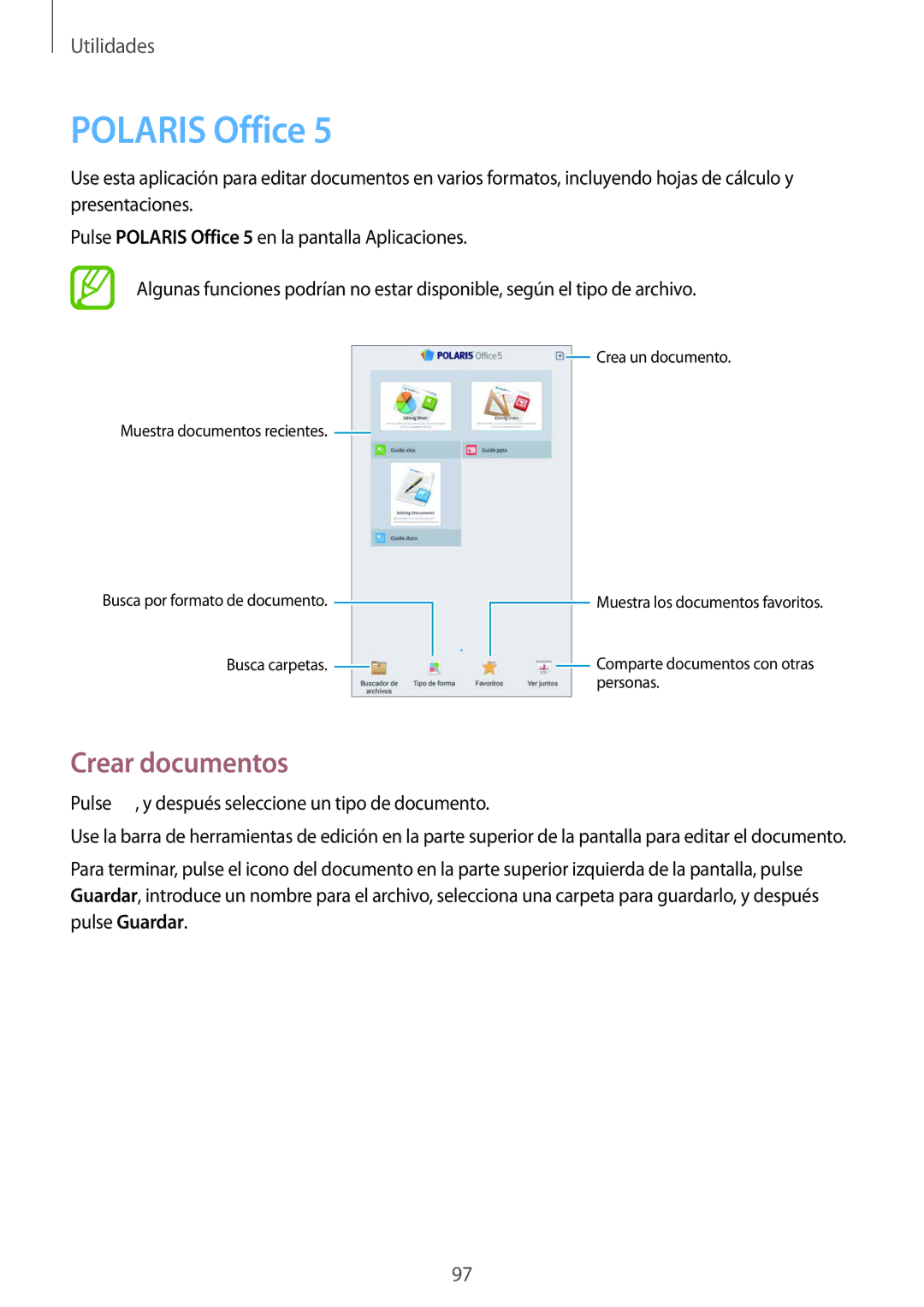 Samsung SM-T3150ZWAATL manual Polaris Office, Crear documentos 