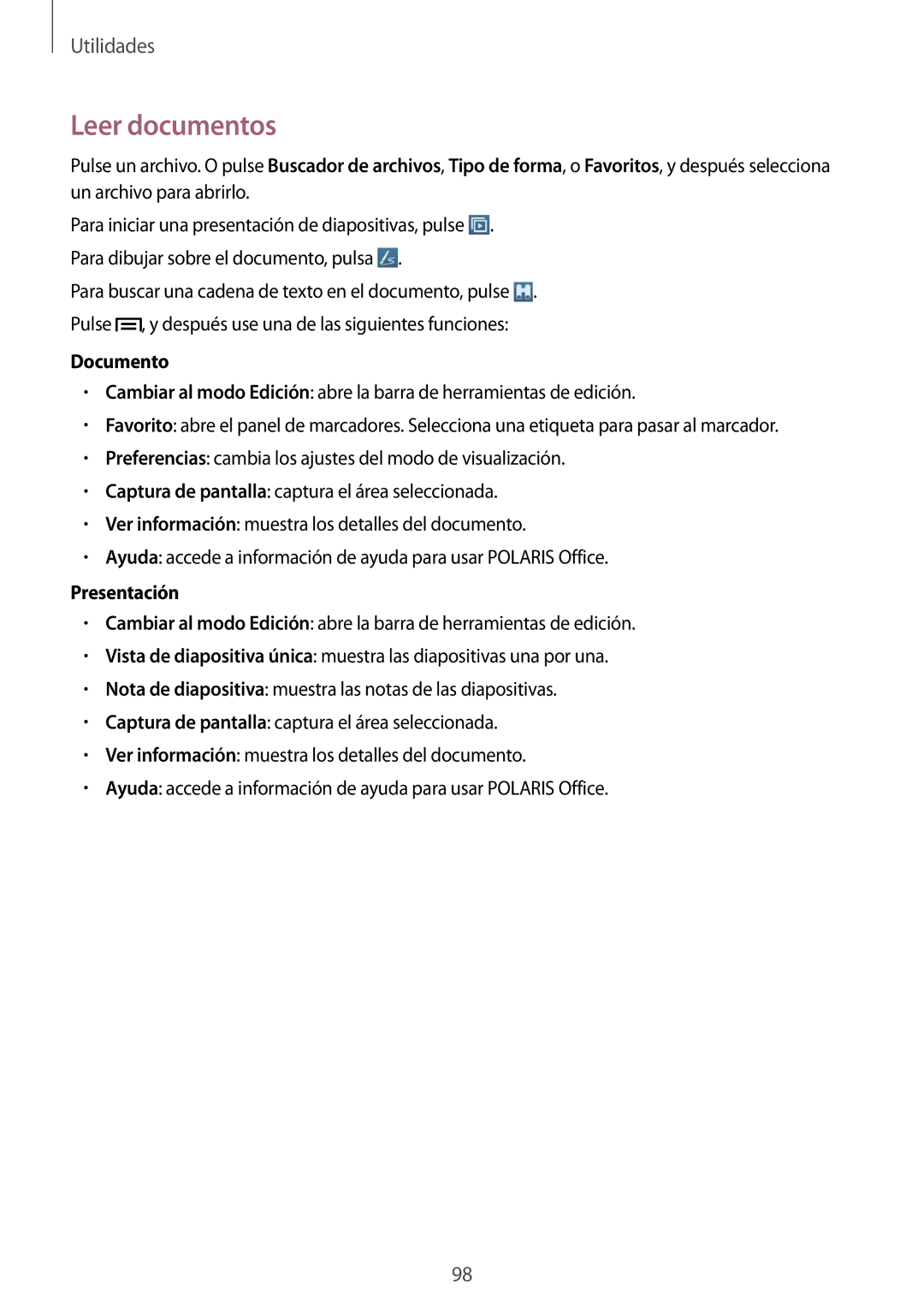 Samsung SM-T3150ZWAATL manual Leer documentos, Documento, Presentación 