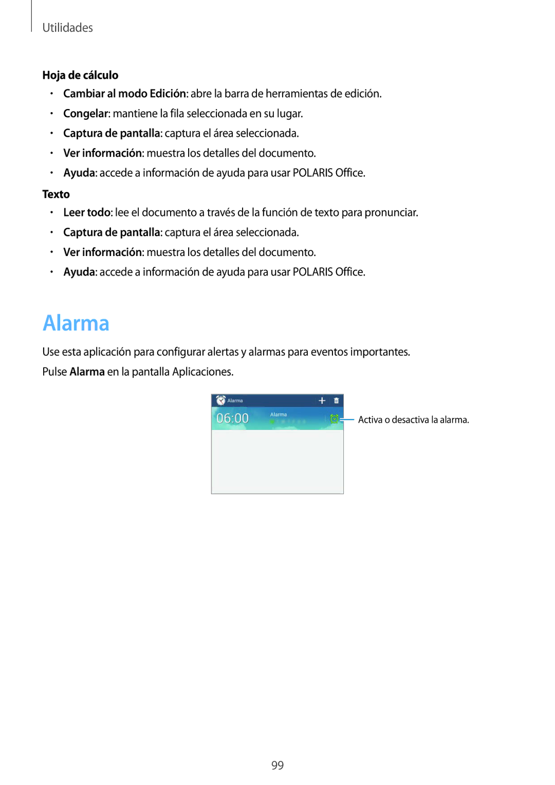 Samsung SM-T3150ZWAATL manual Alarma, Hoja de cálculo, Texto 