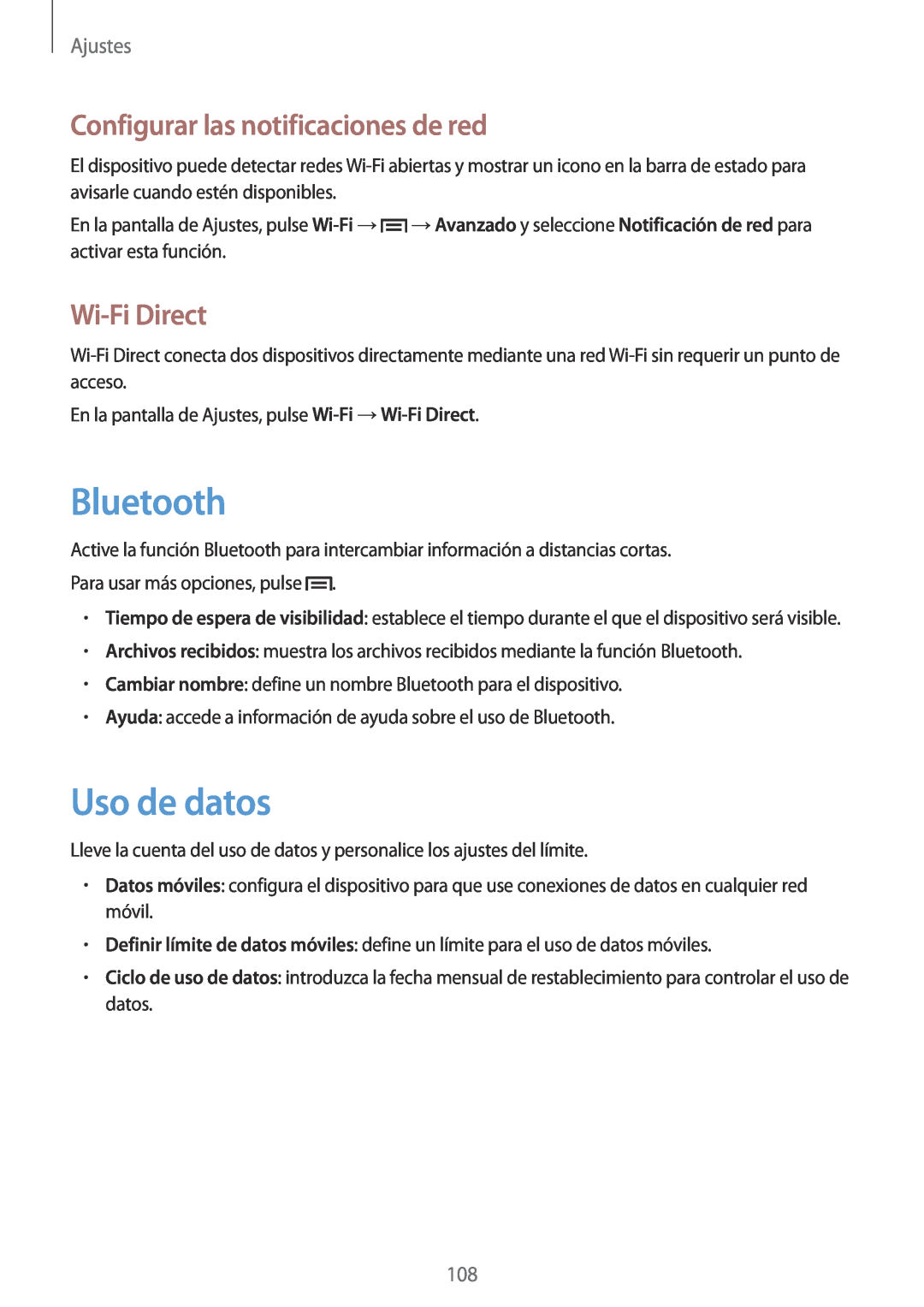 Samsung SM-T3150ZWAATL manual Uso de datos, Configurar las notificaciones de red, Wi-Fi Direct, Ajustes, Bluetooth 