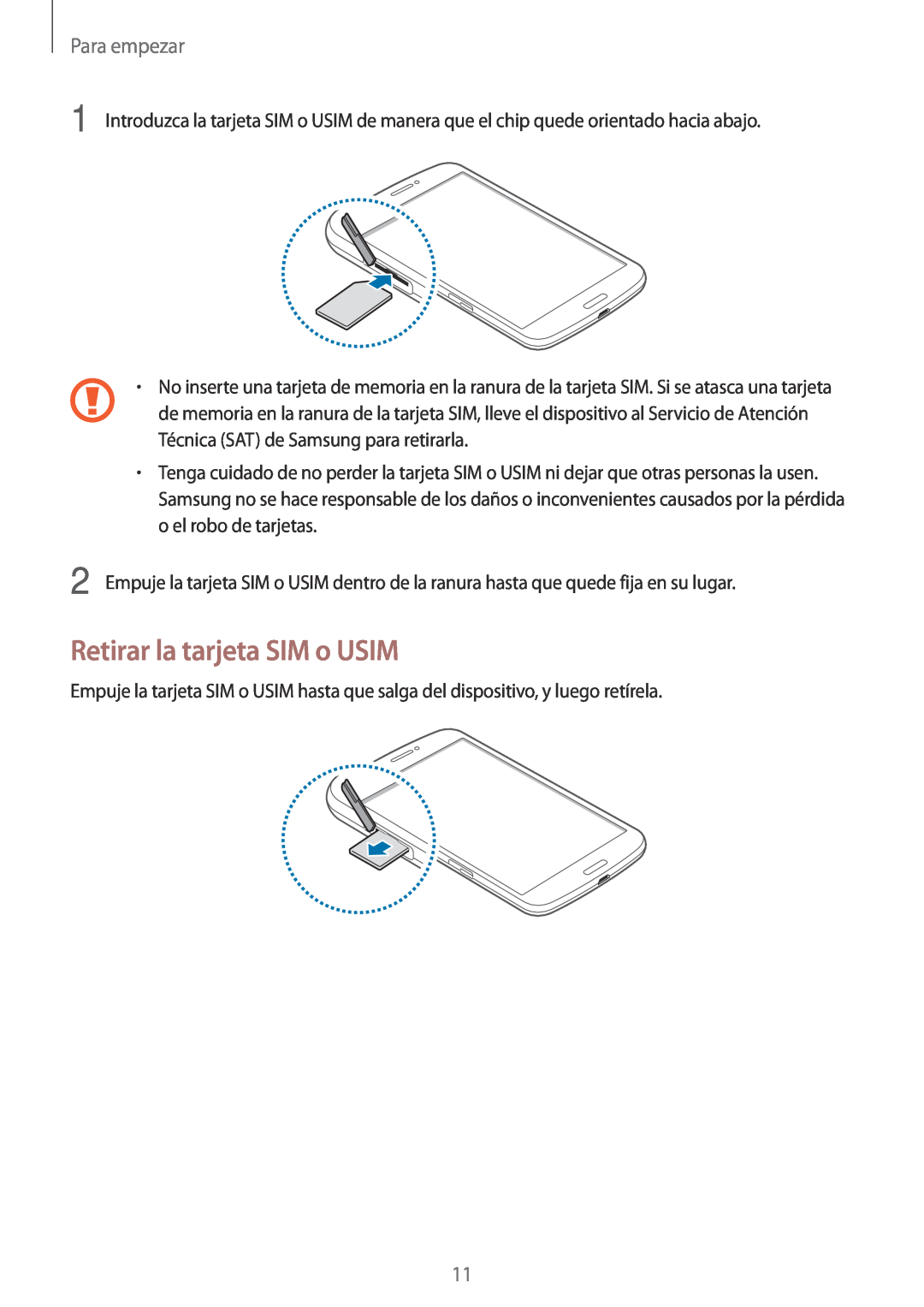 Samsung SM-T3150ZWAATL manual Retirar la tarjeta SIM o USIM, Para empezar 