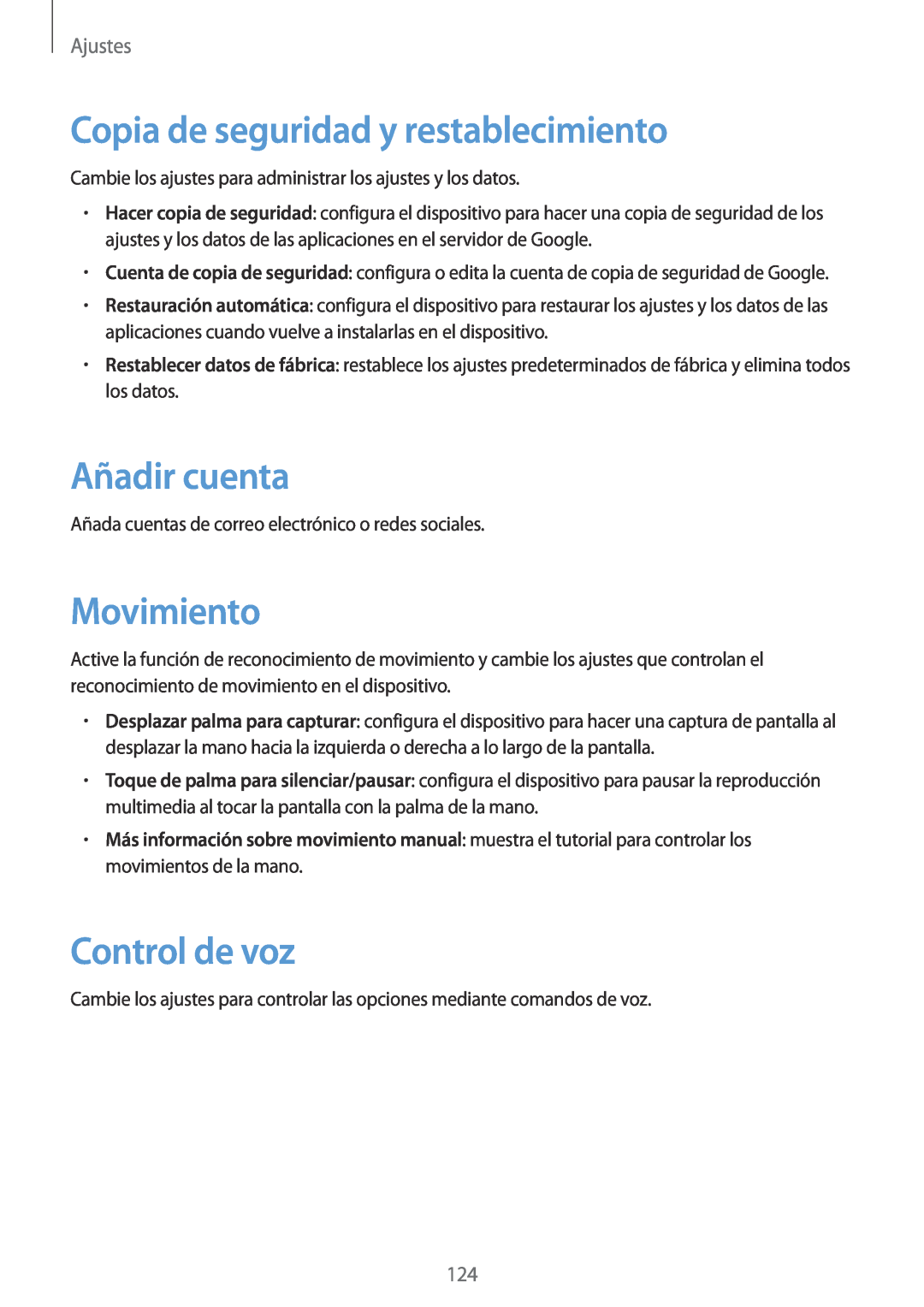 Samsung SM-T3150ZWAATL manual Copia de seguridad y restablecimiento, Añadir cuenta, Movimiento, Control de voz, Ajustes 