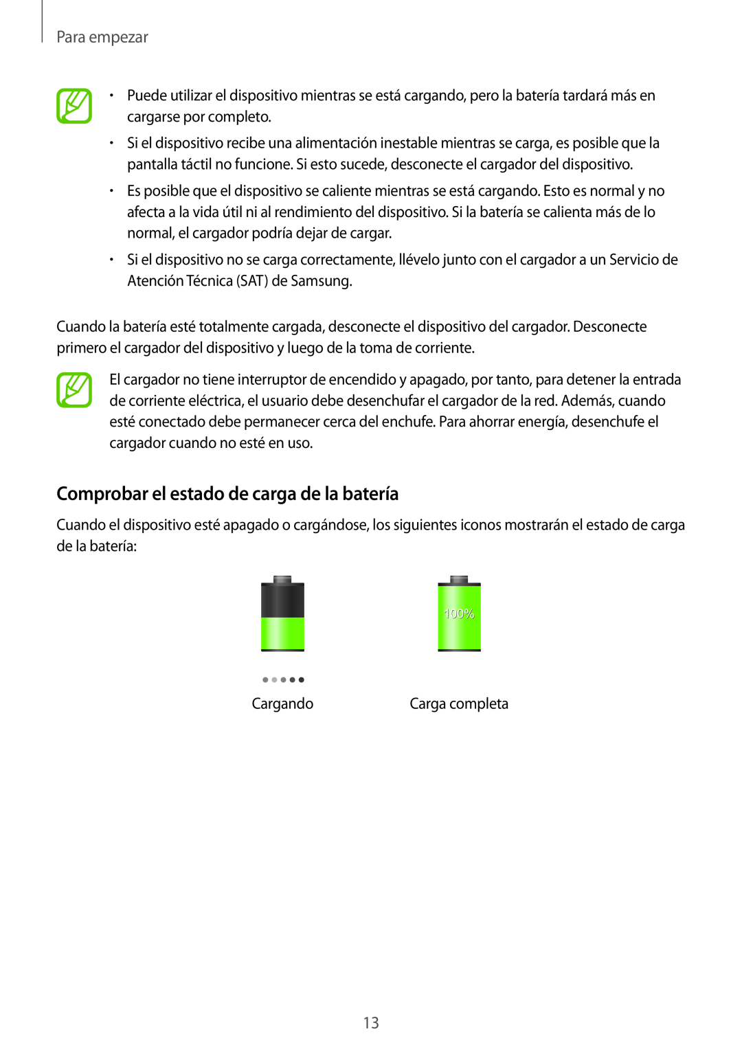 Samsung SM-T3150ZWAATL manual Comprobar el estado de carga de la batería, Para empezar 