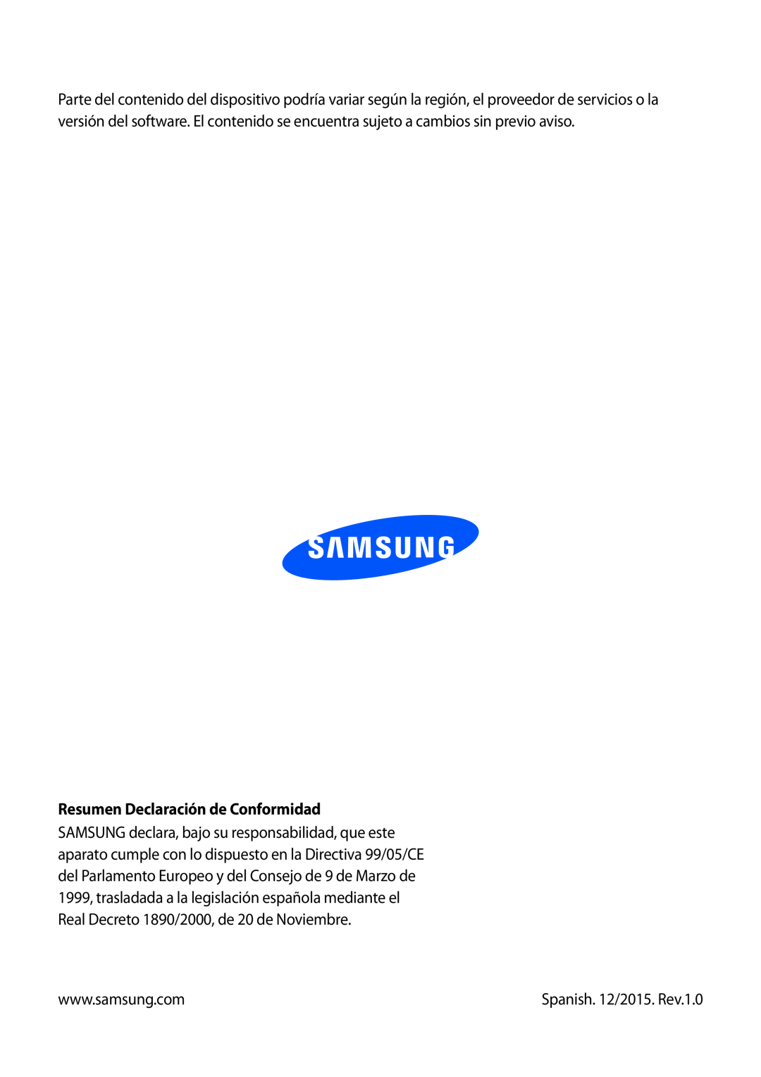 Samsung SM-T3150ZWAATL manual Resumen Declaración de Conformidad, Spanish. 12/2015. Rev.1.0 