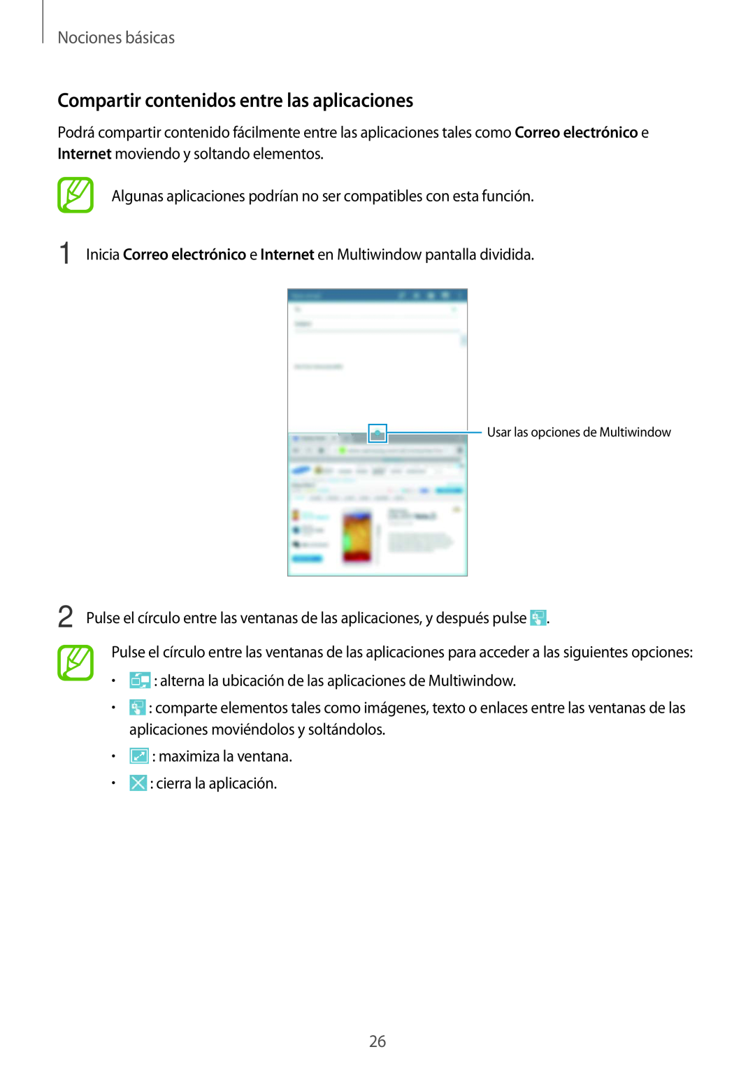 Samsung SM-T3150ZWAATL manual Compartir contenidos entre las aplicaciones, Nociones básicas 