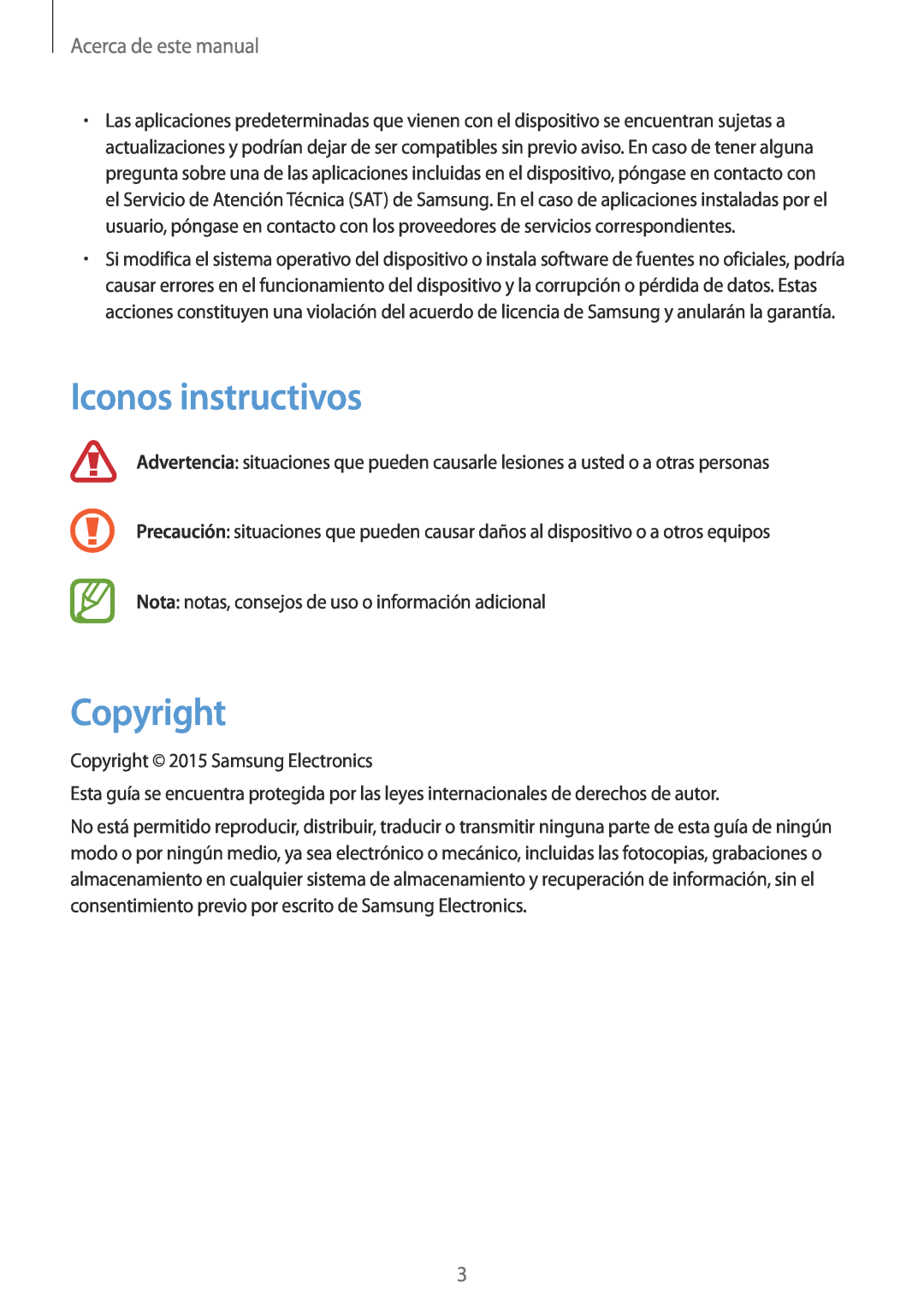 Samsung SM-T3150ZWAATL Iconos instructivos, Copyright, Acerca de este manual 