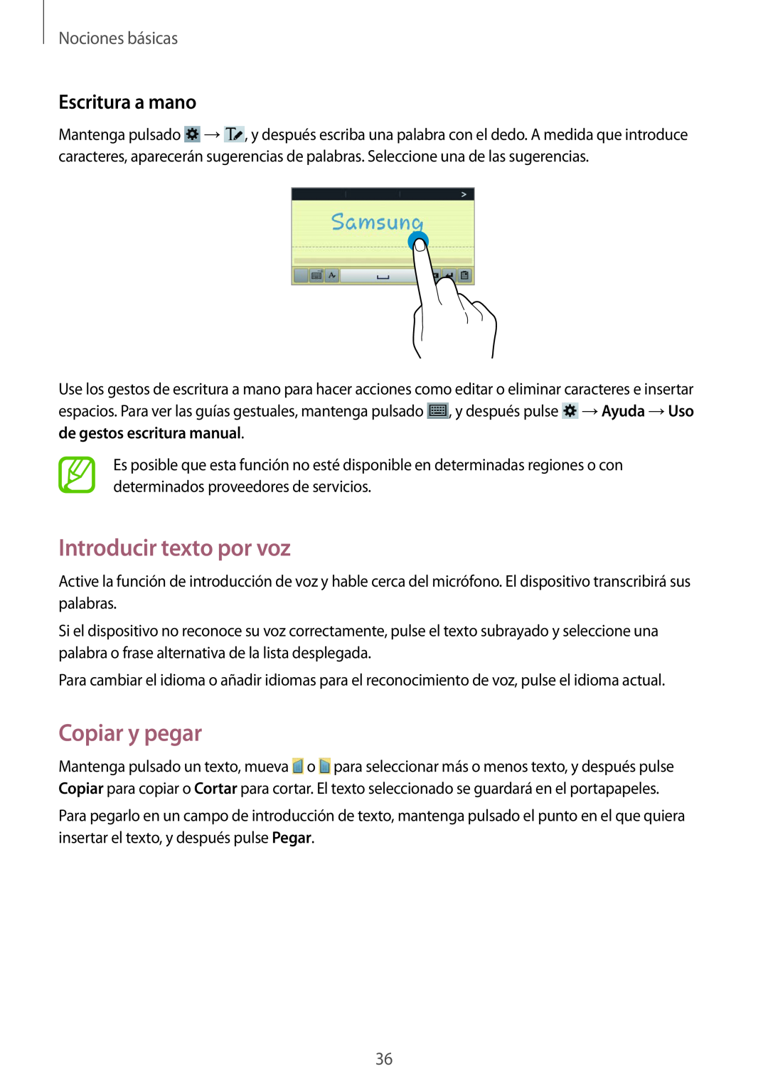 Samsung SM-T3150ZWAATL manual Introducir texto por voz, Copiar y pegar, Escritura a mano, Nociones básicas 