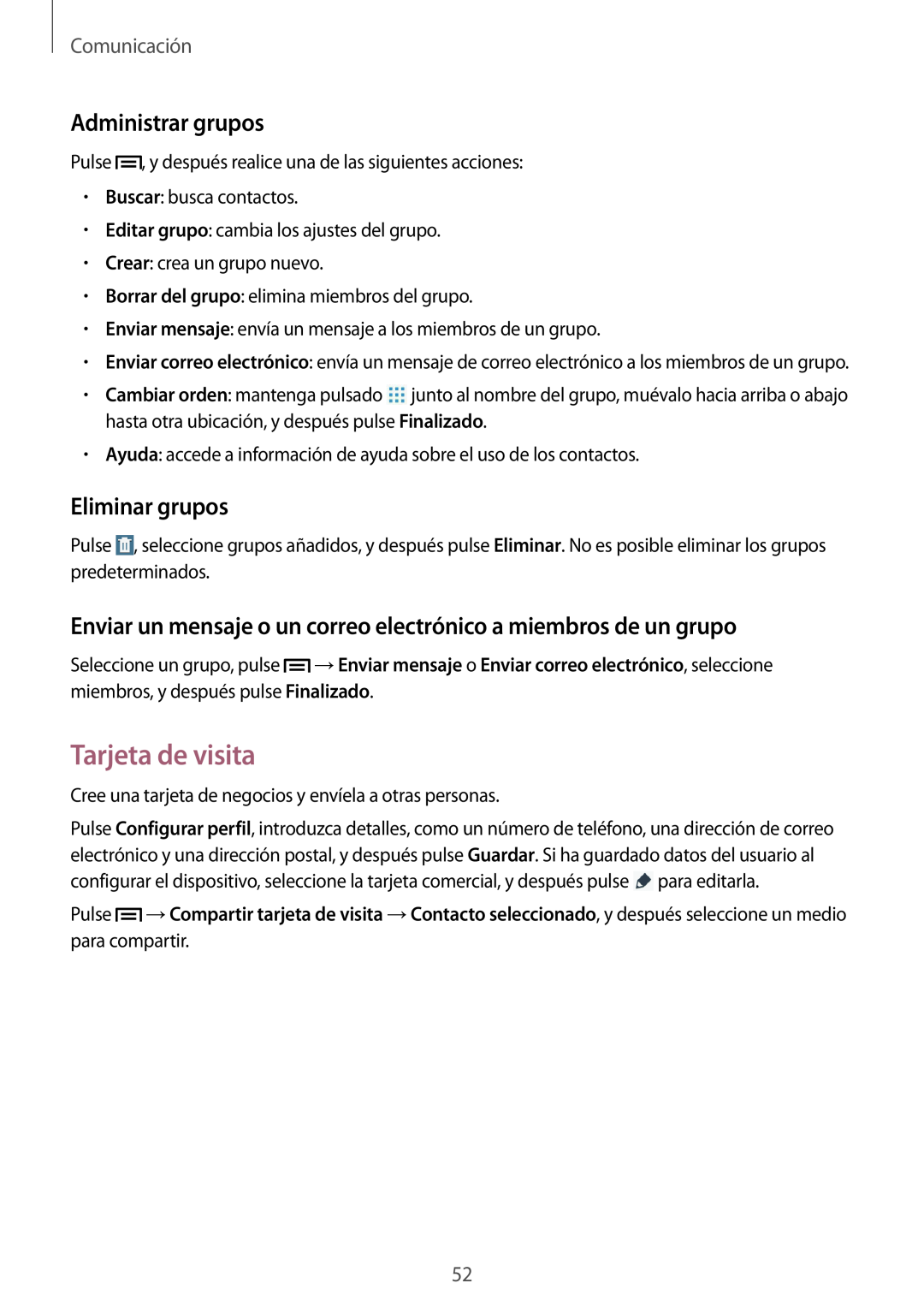 Samsung SM-T3150ZWAATL manual Tarjeta de visita, Administrar grupos, Eliminar grupos, Comunicación 