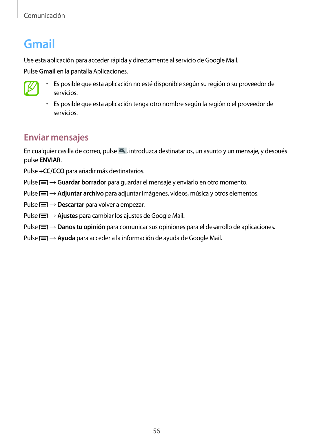 Samsung SM-T3150ZWAATL manual Gmail, Enviar mensajes, Comunicación 