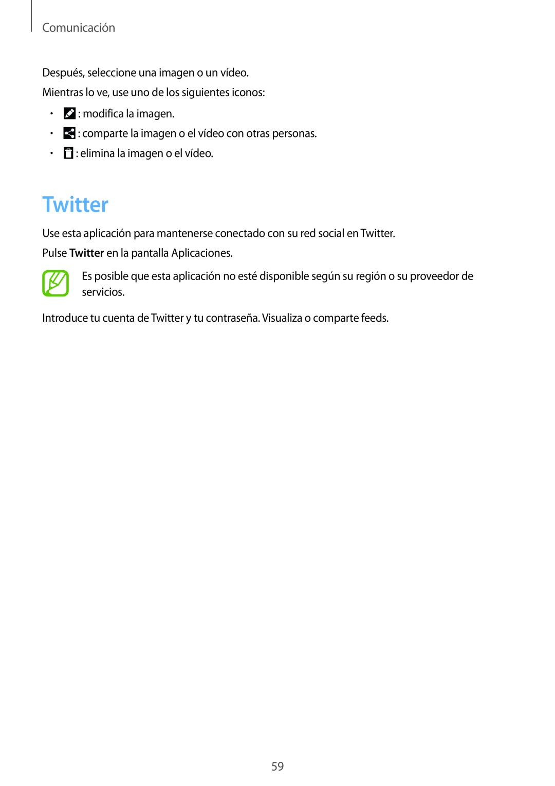 Samsung SM-T3150ZWAATL manual Twitter, Comunicación 