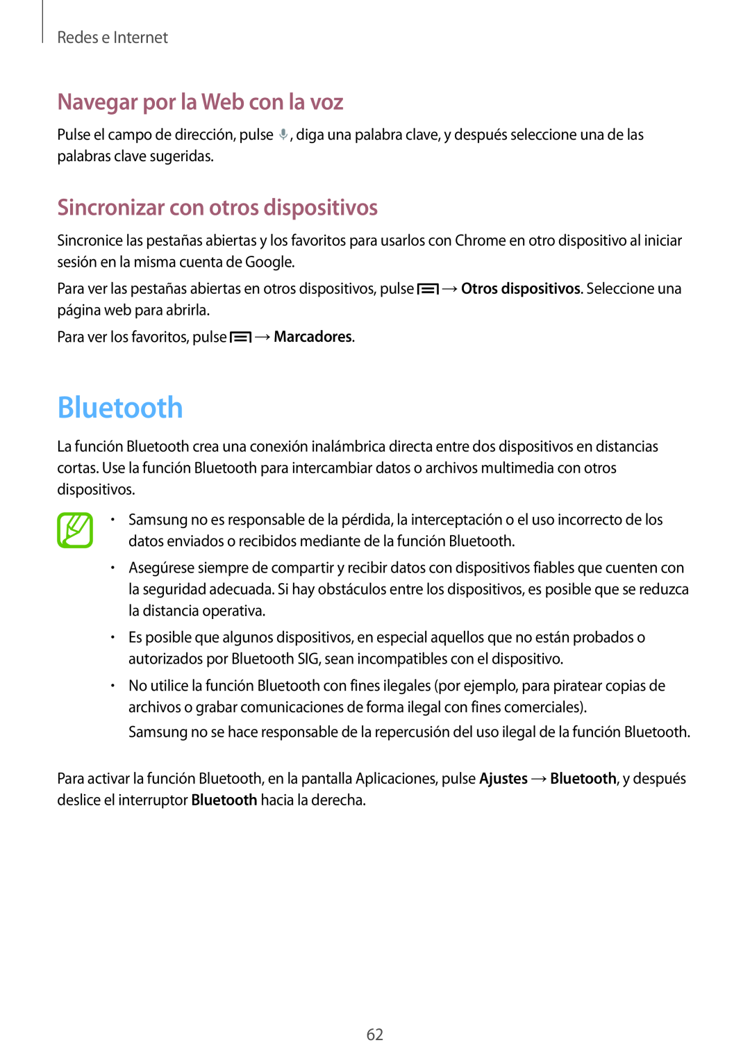 Samsung SM-T3150ZWAATL Bluetooth, Sincronizar con otros dispositivos, Navegar por la Web con la voz, Redes e Internet 