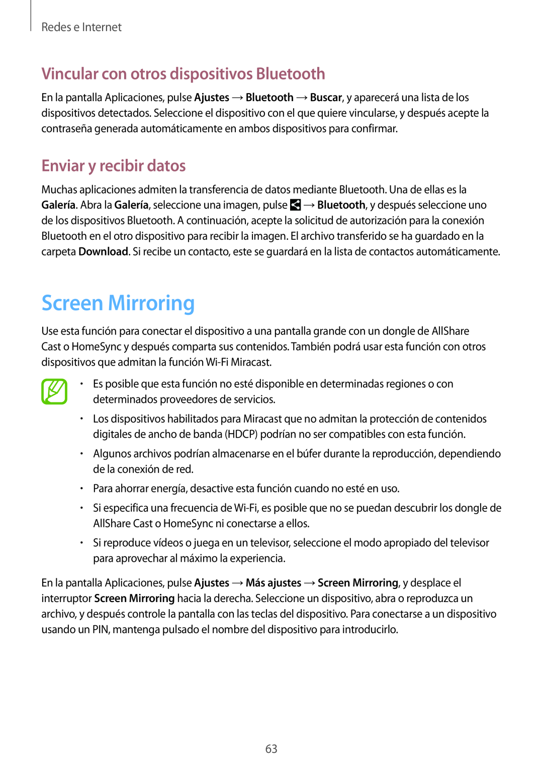Samsung SM-T3150ZWAATL manual Screen Mirroring, Vincular con otros dispositivos Bluetooth, Enviar y recibir datos 