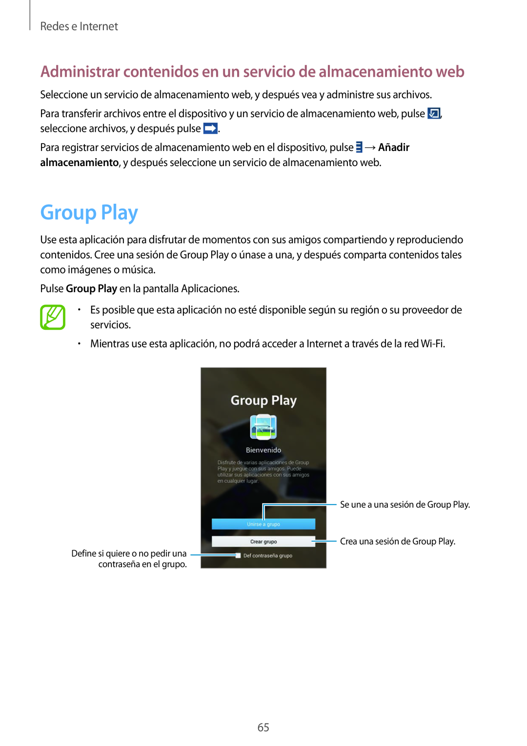 Samsung SM-T3150ZWAATL manual Group Play, Administrar contenidos en un servicio de almacenamiento web, Redes e Internet 