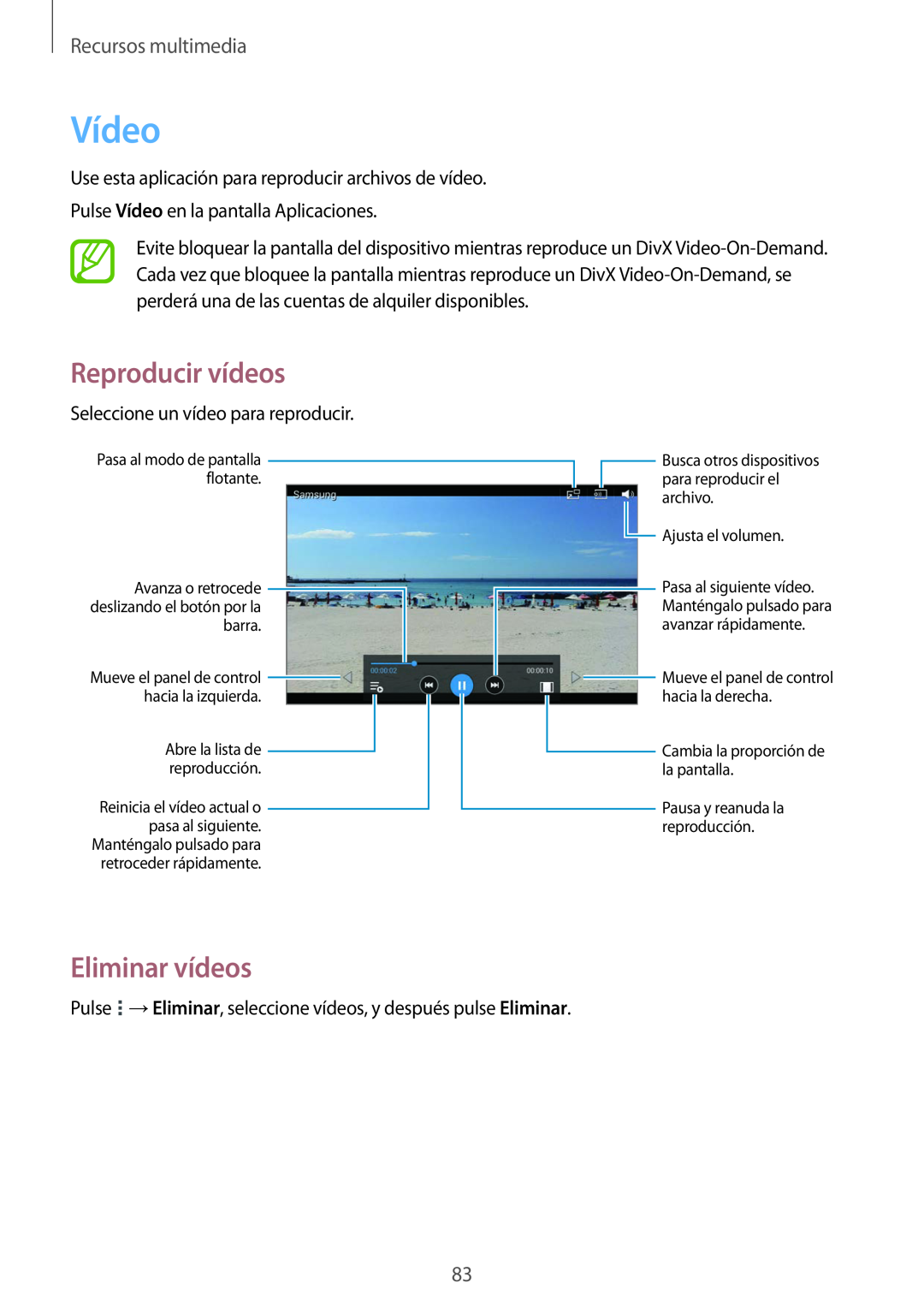 Samsung SM-T3150ZWAATL manual Vídeo, Eliminar vídeos, Reproducir vídeos, Recursos multimedia 