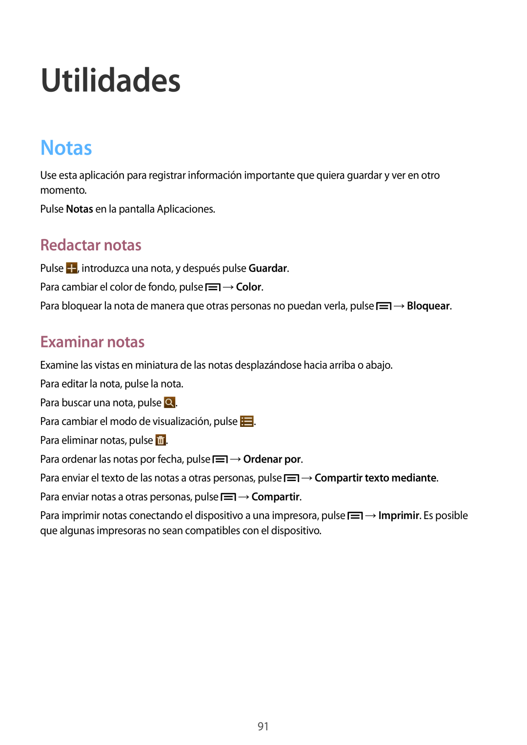 Samsung SM-T3150ZWAATL manual Utilidades, Notas, Redactar notas, Examinar notas, →Ordenar por, →Compartir texto mediante 