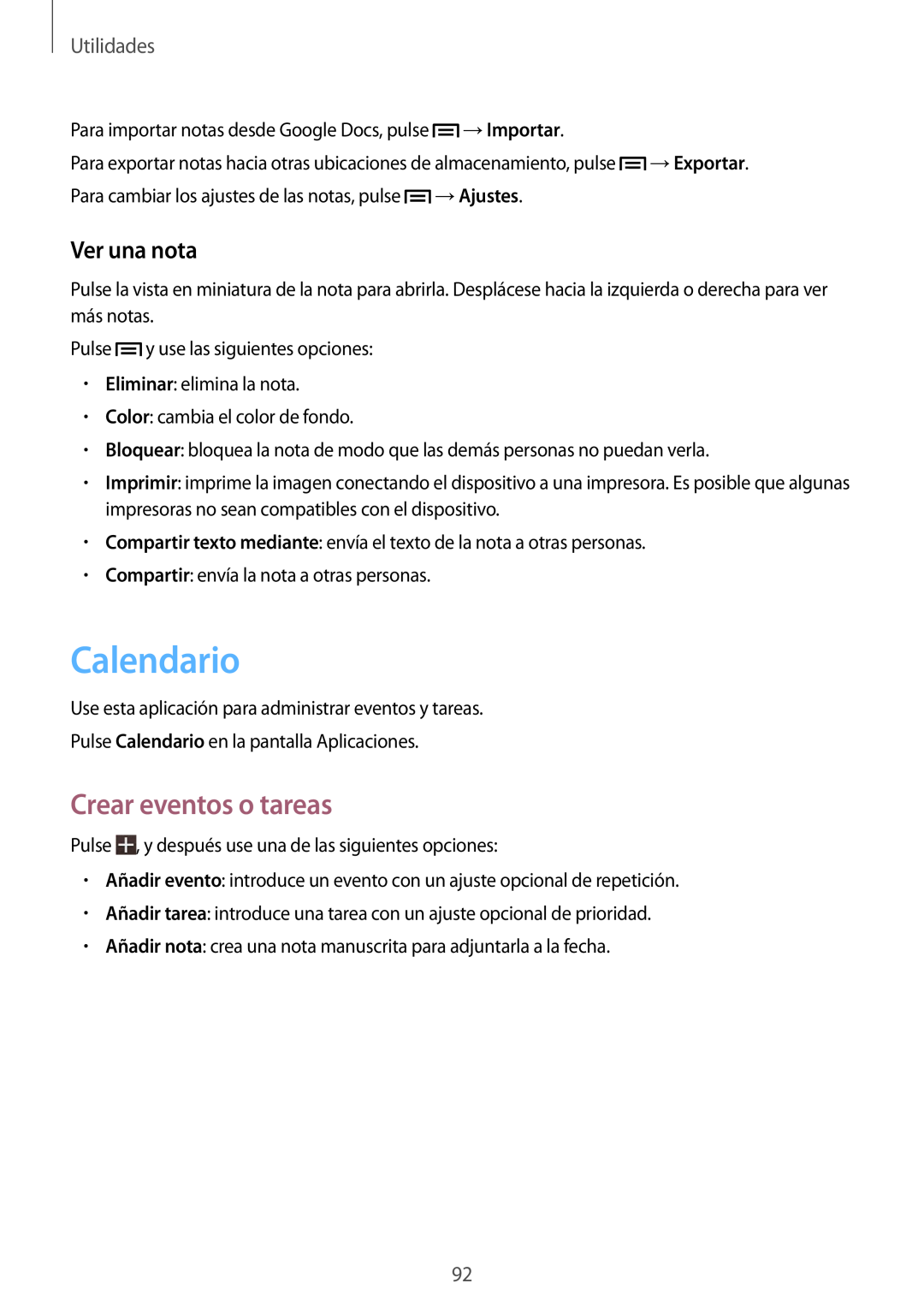 Samsung SM-T3150ZWAATL manual Calendario, Crear eventos o tareas, Ver una nota, Utilidades 