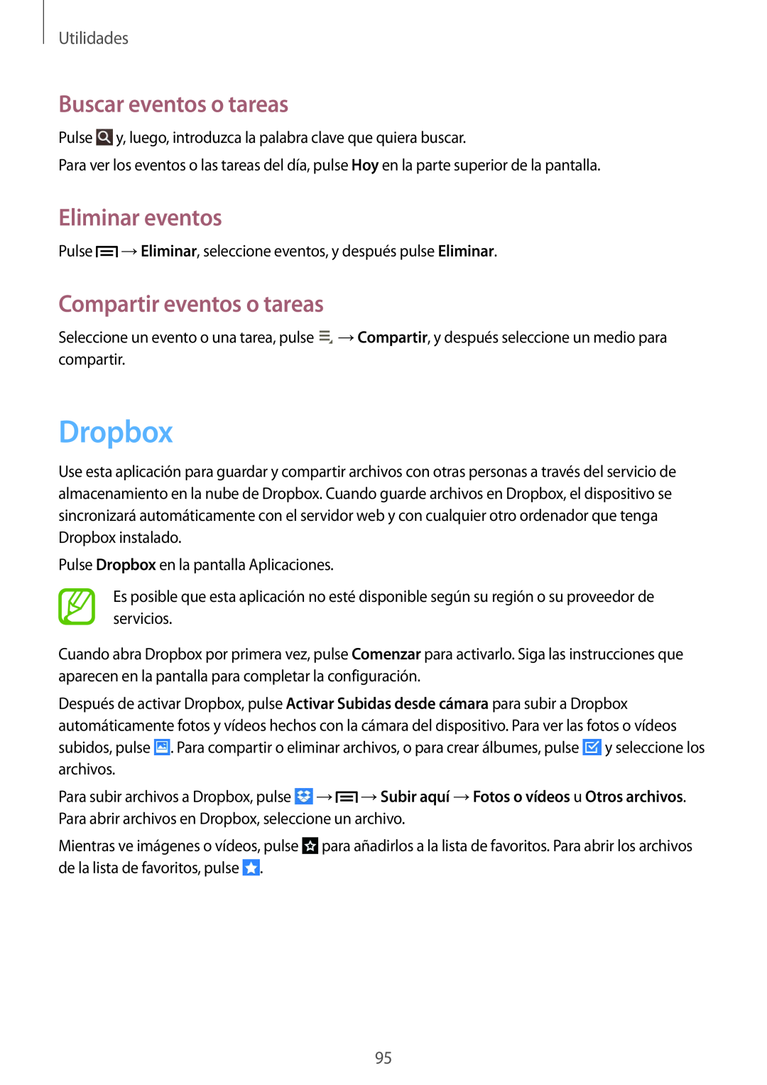 Samsung SM-T3150ZWAATL manual Dropbox, Buscar eventos o tareas, Eliminar eventos, Compartir eventos o tareas, Utilidades 