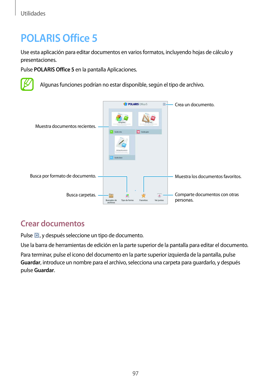 Samsung SM-T3150ZWAATL manual POLARIS Office, Crear documentos, Utilidades 