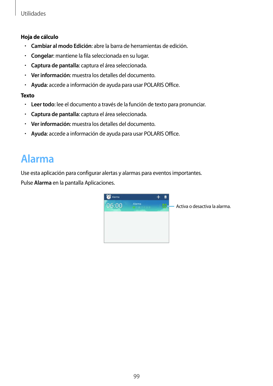 Samsung SM-T3150ZWAATL manual Alarma, Hoja de cálculo, Texto, Utilidades 
