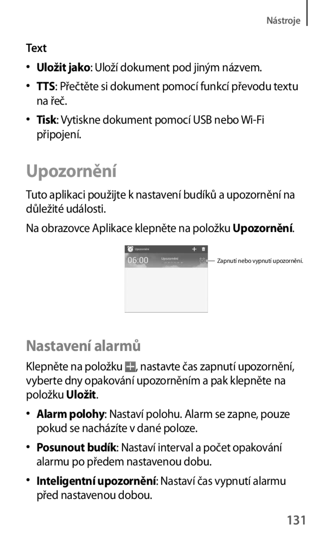 Samsung SM-T3150ZWAAUT, SM-T3150ZWAMAX, SM-T3150ZWAXEZ manual Upozornění, Nastavení alarmů, 131, Text 