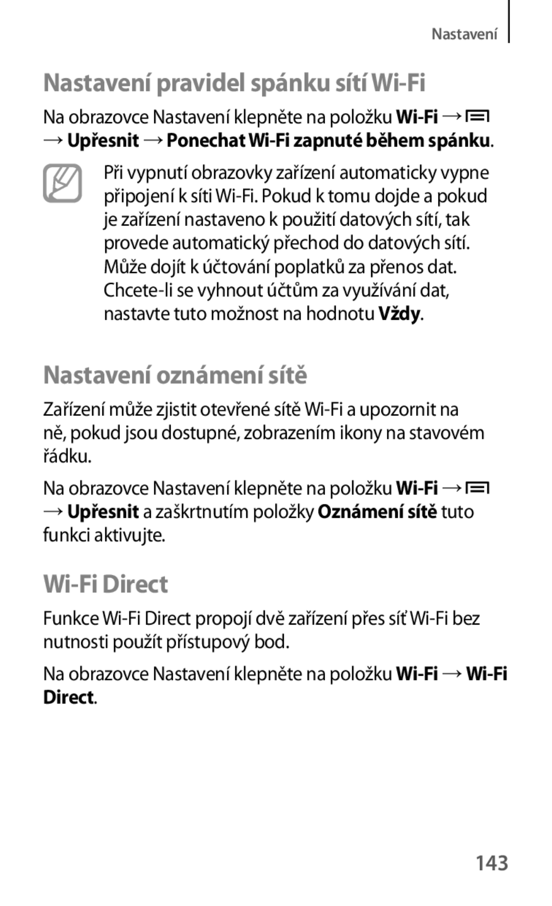 Samsung SM-T3150ZWAAUT, SM-T3150ZWAMAX Nastavení pravidel spánku sítí Wi-Fi, Nastavení oznámení sítě, Wi-Fi Direct, 143 