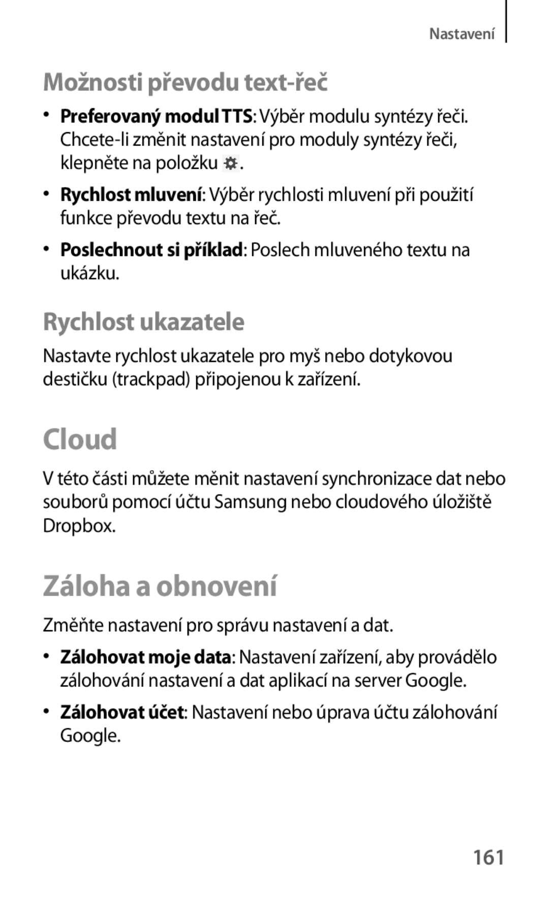 Samsung SM-T3150ZWAAUT, SM-T3150ZWAMAX manual Záloha a obnovení, Možnosti převodu text-řeč, Rychlost ukazatele, 161 