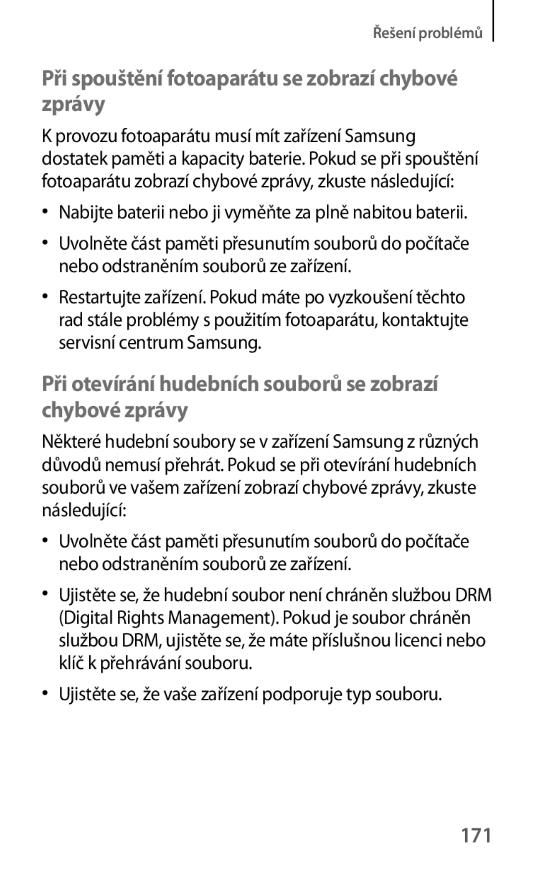 Samsung SM-T3150ZWAMAX, SM-T3150ZWAAUT, SM-T3150ZWAXEZ manual Při spouštění fotoaparátu se zobrazí chybové zprávy, 171 