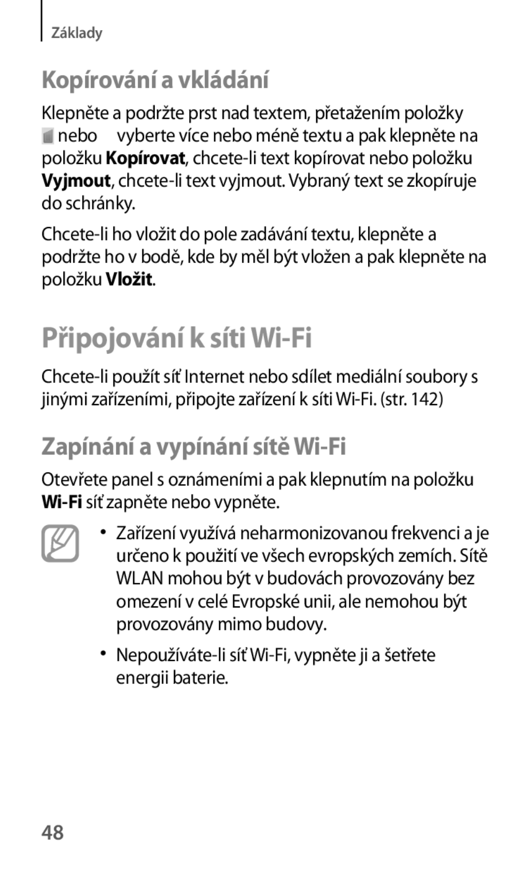 Samsung SM-T3150ZWAMAX, SM-T3150ZWAAUT Připojování k síti Wi-Fi, Kopírování a vkládání, Zapínání a vypínání sítě Wi-Fi 