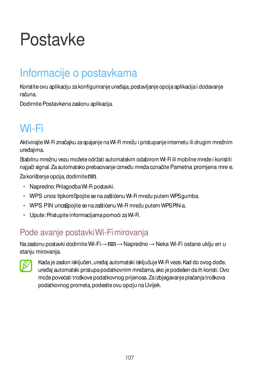 Samsung SM-T3150MKACRO, SM-T3150ZWACRO manual Informacije o postavkama, Podešavanje postavki Wi-Fi mirovanja 