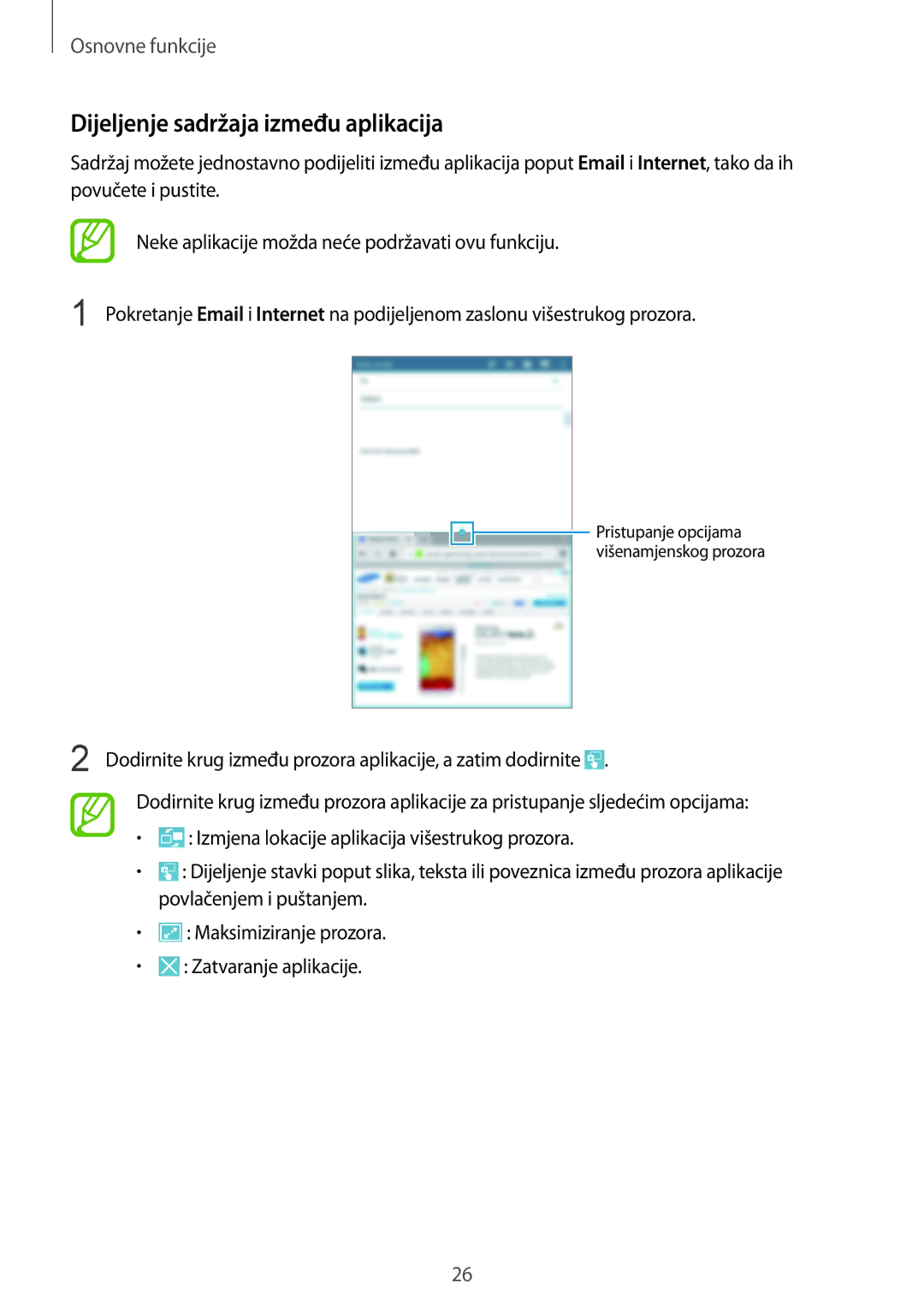 Samsung SM-T3150ZWACRO, SM-T3150MKACRO manual Dijeljenje sadržaja između aplikacija 