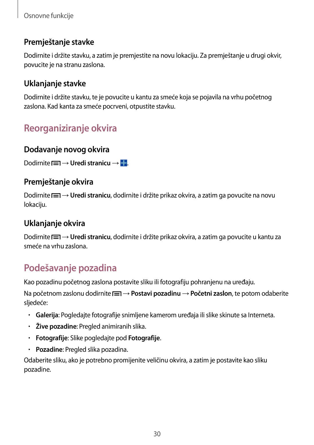 Samsung SM-T3150ZWACRO, SM-T3150MKACRO manual Reorganiziranje okvira, Podešavanje pozadina 