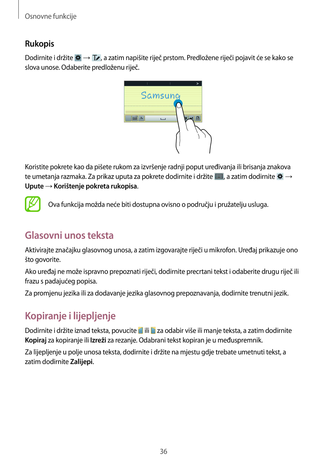 Samsung SM-T3150ZWACRO, SM-T3150MKACRO manual Glasovni unos teksta, Kopiranje i lijepljenje, Rukopis 