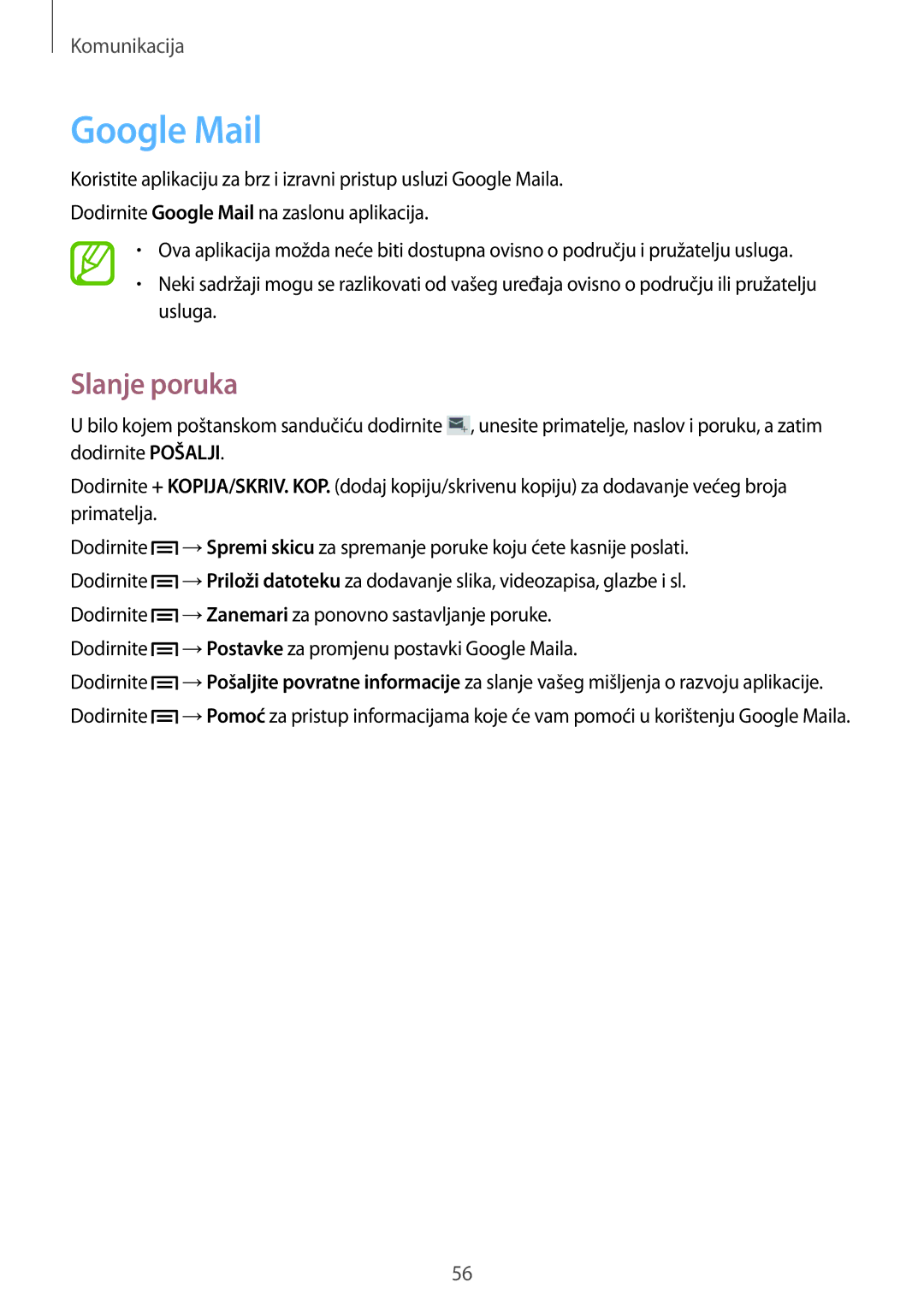 Samsung SM-T3150ZWACRO, SM-T3150MKACRO manual Dodirnite →Postavke za promjenu postavki Google Maila 