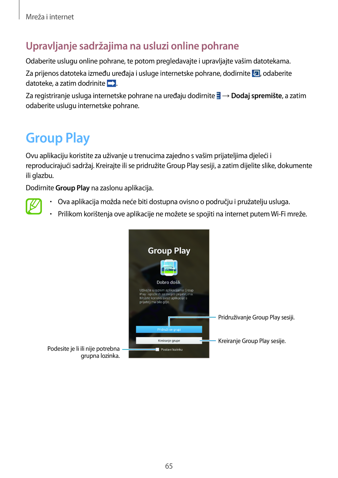 Samsung SM-T3150MKACRO, SM-T3150ZWACRO manual Group Play, Upravljanje sadržajima na usluzi online pohrane 